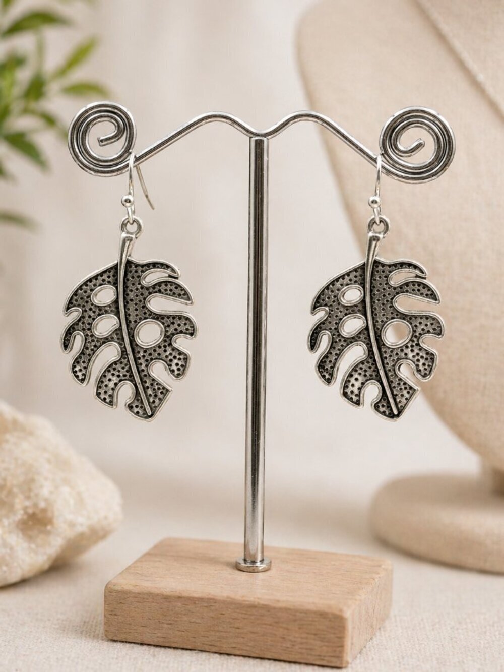 Antique Silver Monstera Leaf Drop Earrings - Picture 3 of 4
